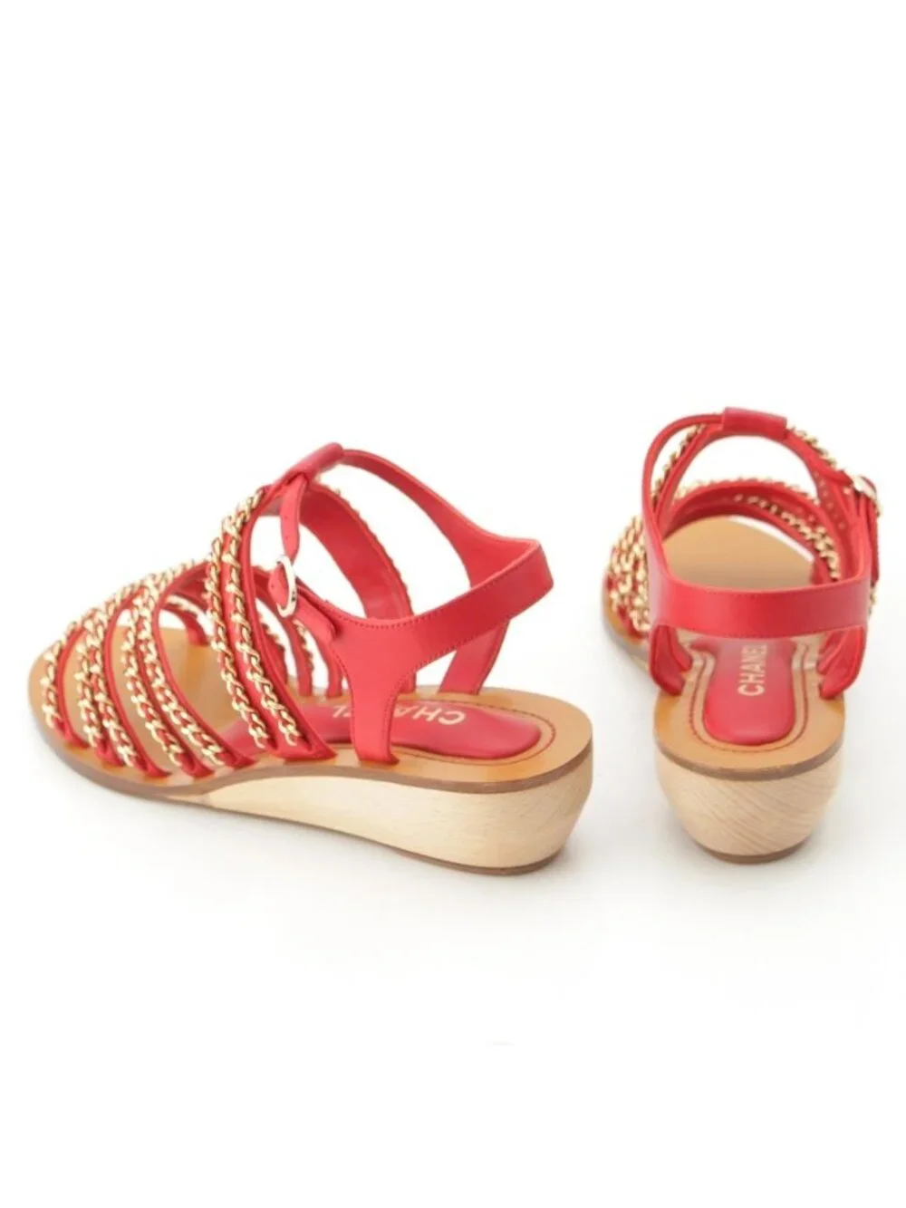 Chanel Leather Wood Chain Thick Sole Platform Sandals Red